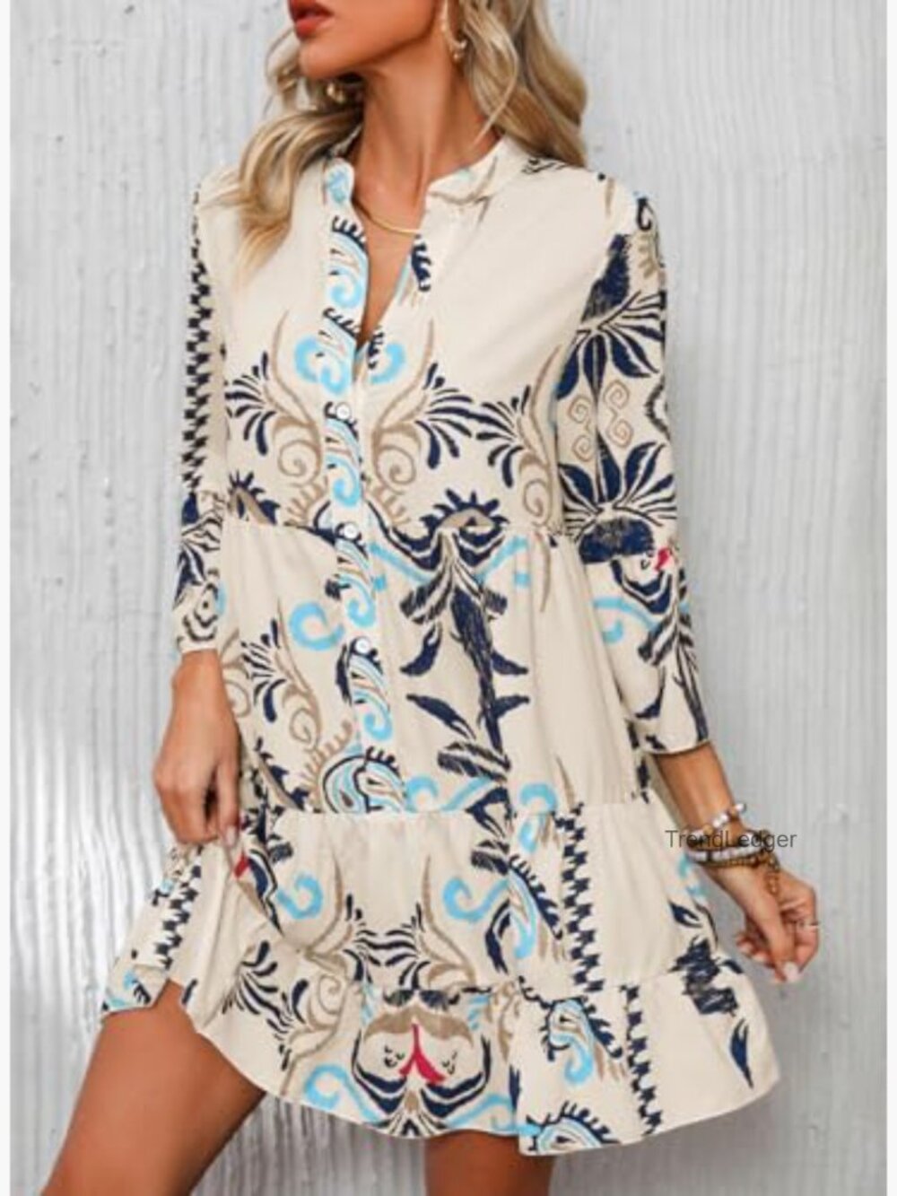 Flowy Babydoll Boho Mini Dress with 3/4 Sleeves and Tiered Hem - Picture 4 of 5